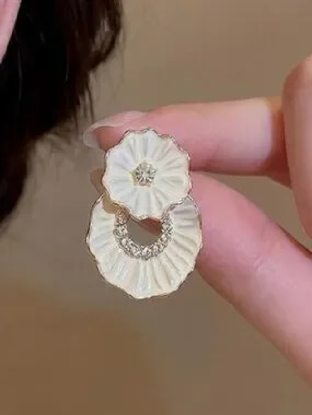 Anthropologie Cream Floral Double Drop Earrings with Rhinestone Hoop